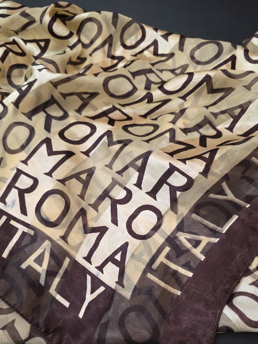 ROMA Italy Logo Print Silk Scarf in Beige and Dark Brown